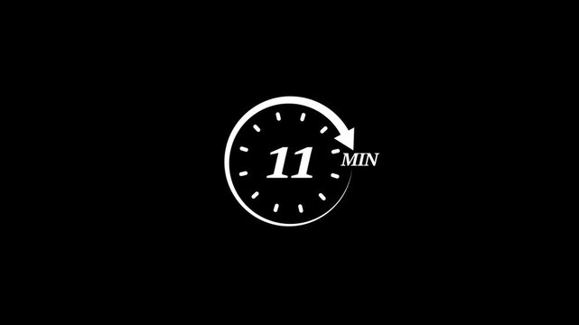 Timer 11 minutes countdown clock animation white on black background