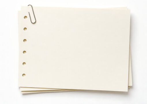 Vintage cream index cards with metal paperclip, blank punched paper stationery for notes, minimalist office supplies for organization isolated on White Background ai