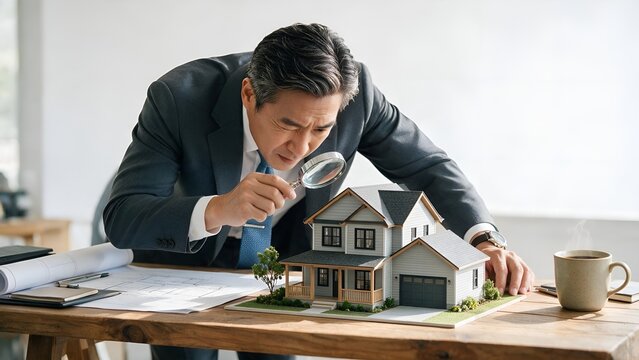 Professional real estate agent looking at a small house model with a magnifying glass while sitting at his wooden desk in a bright modern office