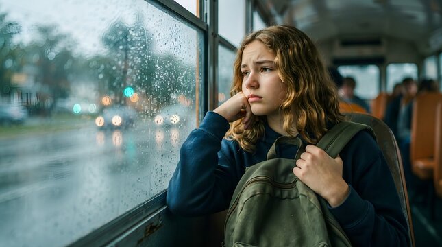 Sad schoolgirl resting face on hand looking out rainy bus window