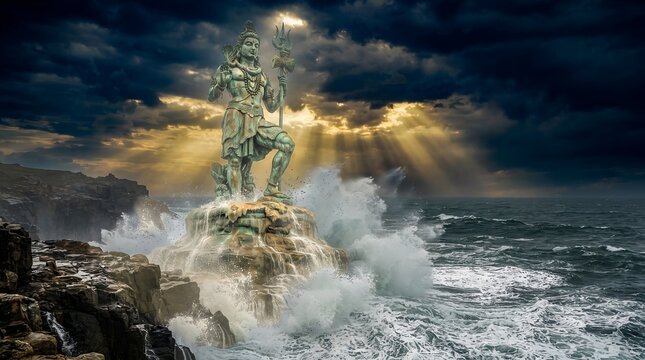 Giant Lord Shiva bronze statue standing on rocky ocean cliff with crashing waves
