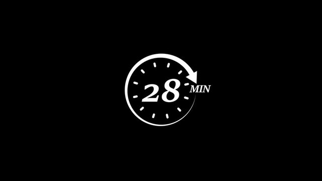 Timer 28 minutes countdown clock animation white on black background