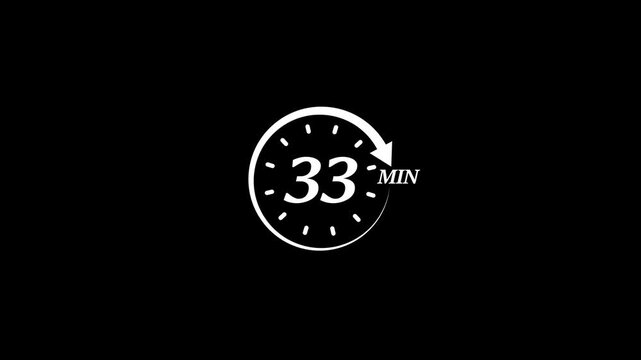 Timer 33 minutes countdown clock animation white on black background