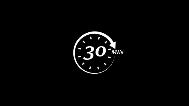 Timer 30 minutes countdown clock animation white on black background