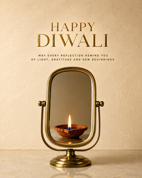 Happy diwali gold decorative mirror reflection of traditional oil lamp diya with reflection celebration religious festival tradition celebrate minimalist background spiritual prosperity