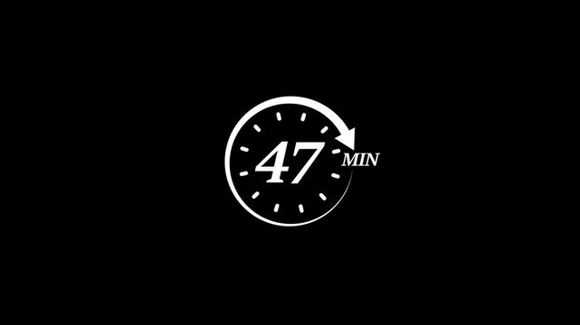 Timer 47 minutes countdown clock animation white on black background