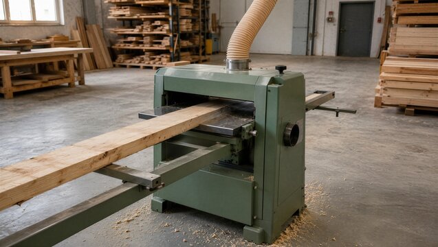 Industrial thickness planer processes a long rough timber plank in a carpentry workshop, representing lumber production, surface preparation and automated woodworking.