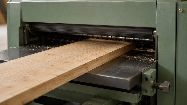 Close-up of a rough wooden plank entering an industrial thickness planer through feed rollers, showing timber machining, surface processing and woodworking production.