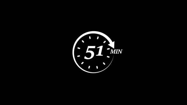 Timer 51 minutes countdown clock animation white on black background