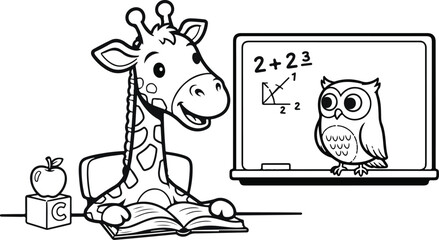 Cartoon giraffe reading a book with owl on blackboard Vector, illustration © Rana