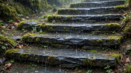 Obraz premium Mossy Stone Steps Descending into a Misty Forest.