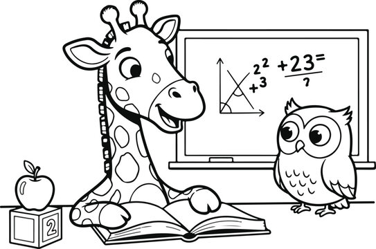 Cartoon giraffe and owl studying math with chalkboard Vector, illustration