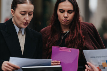 Two women study printed documents and a purple clipboard while standing together. They appear...