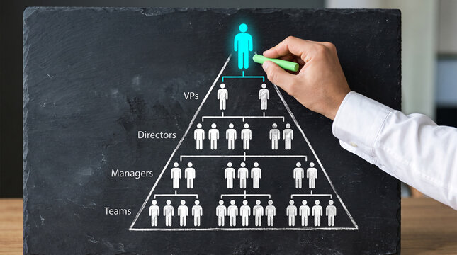Chalk drawing of a hierarchical organizational chart on a blackboard, symbolizing structure, leadership, and teamwork