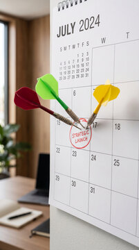 Three darts pierce a July 2024 calendar, one marking "STRATEGIC LAUNCH", symbolizing goal achievement and planning.