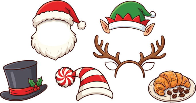 Cute Cartoon Christmas Hat and Photo Booth Prop Vector Set Featuring Santa Beard Elf Ears Reindeer Antlers Top Hat and Croissant for Holiday Graphic Designs