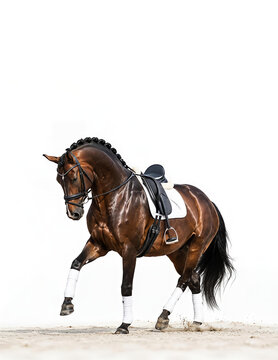 Elegant Bay Dressage Horse Performing Classical Dressage Isolated on White Background