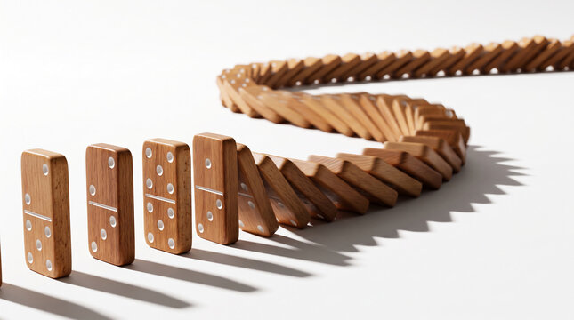 Wooden dominoes arranged in a curved line, casting long shadows, symbolizing chain reaction, consequence, or momentum, great for concepts of cause and effect.