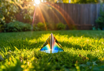 Obraz premium Glass pyramid prism refracting sunlight into a rainbow spectrum on green grass in a garden, the optical effect demonstrates light dispersion and color separation in a natural outdoor setting
