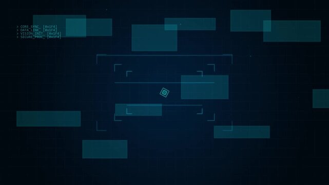 Futuristic digital interface with glowing rectangles and data streams, technology HUD element with blue grid background, cyber atmosphere