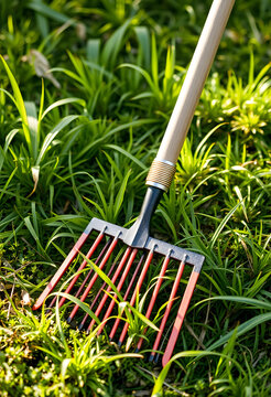 Garden rake with red tines and wooden handle resting on green grass in bright sunlight