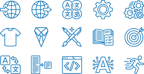  Machine learning global translation and artificial intelligence natural language localization vector line icon set © MstShiuli