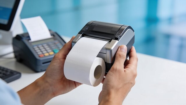 Generative AI captures a person using a thermal receipt printer at a workspace
