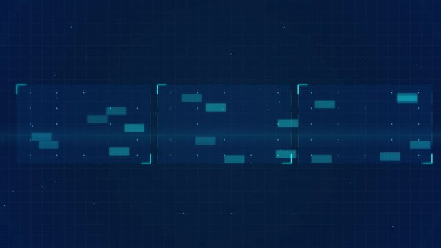 Abstract digital interface with glowing blue rectangles on a dark grid background, data stream visualization, technology concept