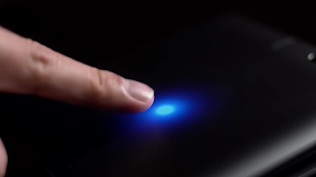 Fingerprint sensor activates with a bright blue light on a dark surface