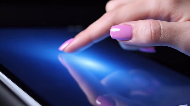 Finger on glowing digital interface, blue light emanating