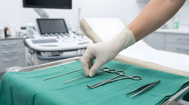 Gloved Hand Selecting Surgical Instrument from Sterile Green Tray in Clinic