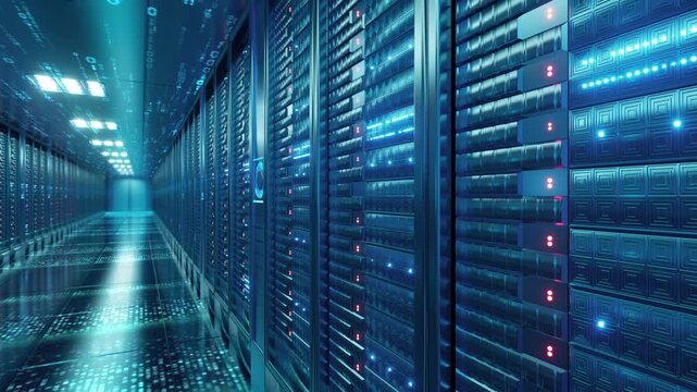 Data storage server room, technology server data storage hardware, A data center corridor lined with dense server racks, overlaid with glowing digital data streams and illuminated by blue LED lights.
