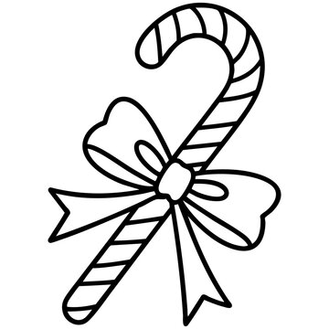 Candy Cane With Decorative Ribbon Bow And Classic Striped Line Art Isolated on a Transparent or White Background