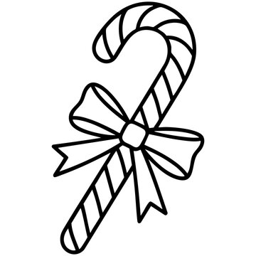Holiday Candy Cane Coloring Page With Flowing Ribbon Bow And Bold Line Art Isolated on a Transparent or White Background