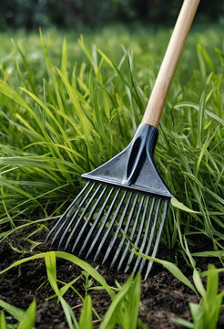 Garden rake with wooden handle and metal tines on soil and green grass, Gardening and agriculture