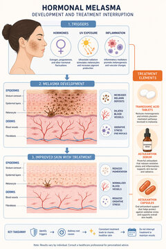 Infographic explaining hormonal melasma triggers, melanin buildup, and treatment with tranexamic acid and astaxanthin for clearer skin.