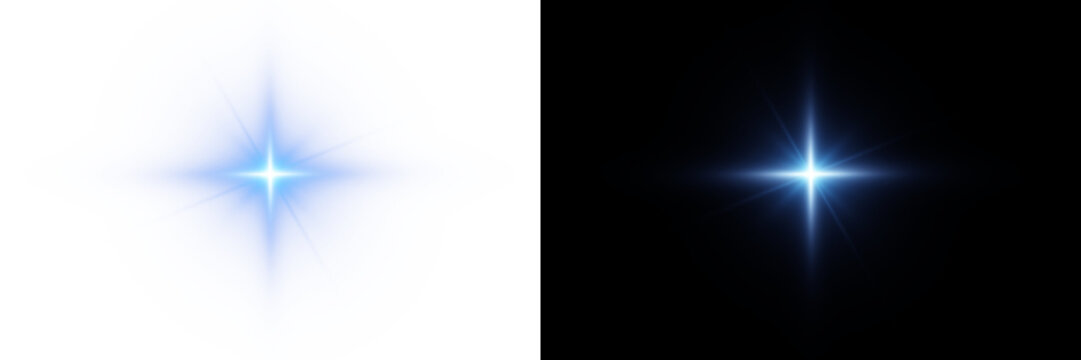 Bright lens flare. Blue glow effect. Starry flares with shimmering highlights. Bright blue light effect.