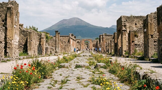 A scenic view of the ancient ruins of Pompeii in Italy, featuring cobblestone streets lined with historic brick walls and vibrant wildflowers, with Mount Vesuvius looming majestically in the distance