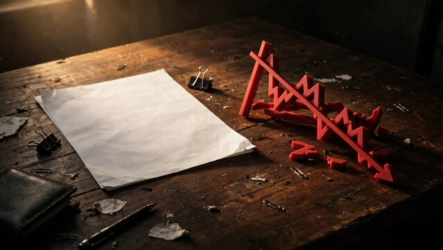 Red Downward Trend Graph on Wooden Desk with Blank Paper.