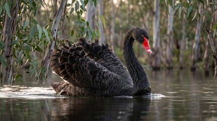 Fototapeta premium black swan (cygnus atratus) swimming through an australian eucalyptus wetland