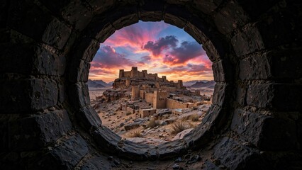 Naklejka premium Ancient Fortress Ruins Under a Dramatic Sunset Sky Viewed Through a Circular Window.
