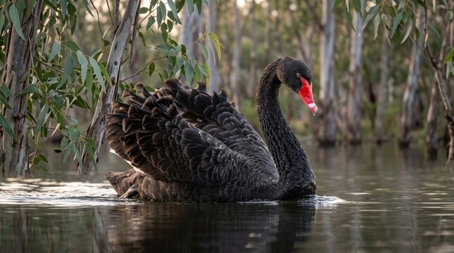 black swan (cygnus atratus) swimming through an australian eucalyptus wetland