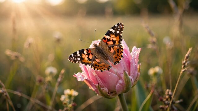Painted Lady Butterfly Resting on a Pink Tulip in Golden Hour Sunlight.