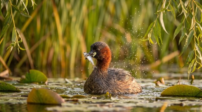 little grebe (tachybaptus ruficollis) swimming with a freshly caught fish