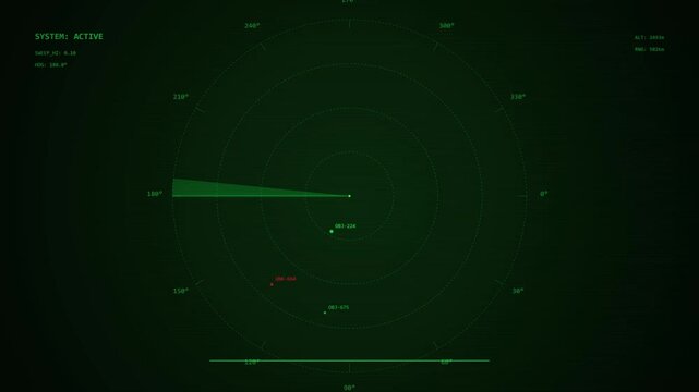 Green radar screen with digital glitches, displaying a sweeping radar beam and distant signals, abstract technology and surveillance concept