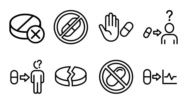 Pill Icons: No Drugs, Stop Medication, Health Questions, Broken Tablets
