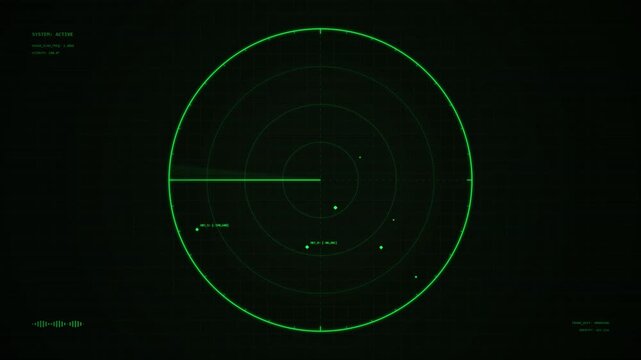 Green radar screen interface with rotating sweep line detecting targets, digital display, surveillance, and tracking technology