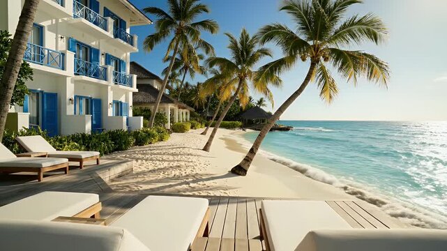 Sunny resort with white hotel, palm trees, and turquoise ocean waves