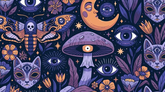 Dark Whimsical Seamless Pattern with Cat Skull, Mushrooms and Floral Eye Elements Gothic Style