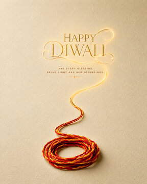 Happy diwali conceptual design with glowing string forming a red thread coil celebration typography religious festival tradition celebrate minimalist background spiritual prosperity